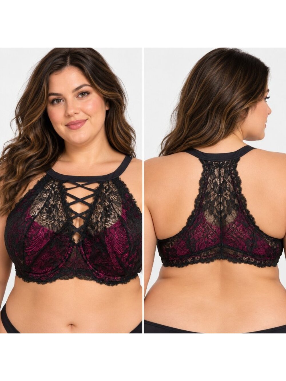 Cacique 42G Lightly Lined French Balconette Pink Black Criss Cross Sexy